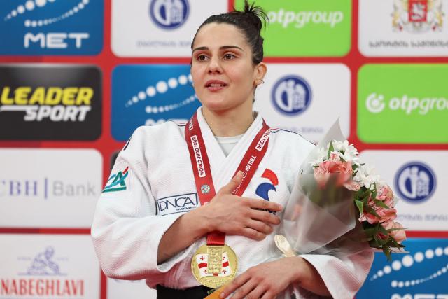 Gold medallist France's Blandine Pont poses during a ceremony for the women's under 52 kg event at the Tbilisi Grand Slam judo tournament in Tbilisi on March 20, 2026. (Photo by Giorgi ARJEVANIDZE / AFP)