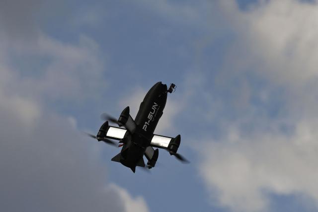 This photograph shows a P1-Sun interceptor drone during a test flight at an undisclosed location in Ukraine on March 19, 2026, amid the Russian invasion of Ukraine. (Photo by Genya SAVILOV / AFP)