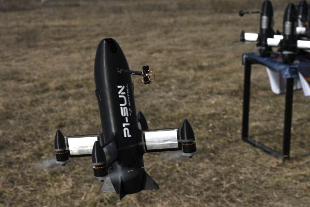 This photograph shows a P1-Sun interceptor drone takes off during a test flight at an undisclosed location in Ukraine on March 19, 2026, amid the Russian invasion of Ukraine. (Photo by Genya SAVILOV / AFP)
