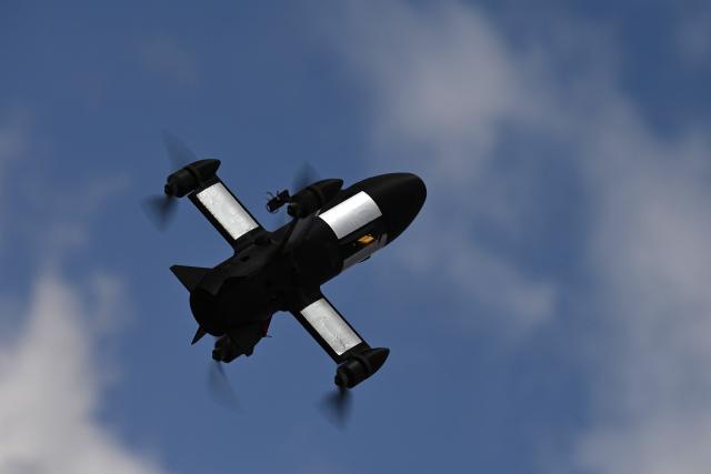 This photograph shows a P1-Sun interceptor drone during a test flight at an undisclosed location in Ukraine on March 19, 2026, amid the Russian invasion of Ukraine. (Photo by Genya SAVILOV / AFP)