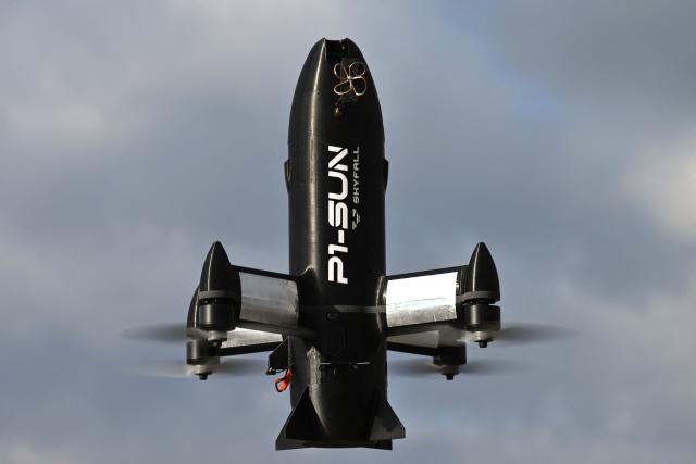 This photograph shows a P1-Sun interceptor drone during a test flight at an undisclosed location in Ukraine on March 19, 2026, amid the Russian invasion of Ukraine. (Photo by Genya SAVILOV / AFP)