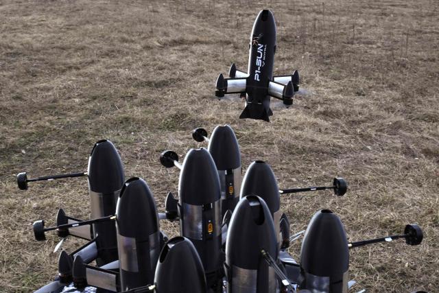 This photograph shows a P1-Sun interceptor drone taking off during a test flight at an undisclosed location in Ukraine on March 19, 2026, amid the Russian invasion of Ukraine. (Photo by Genya SAVILOV / AFP)