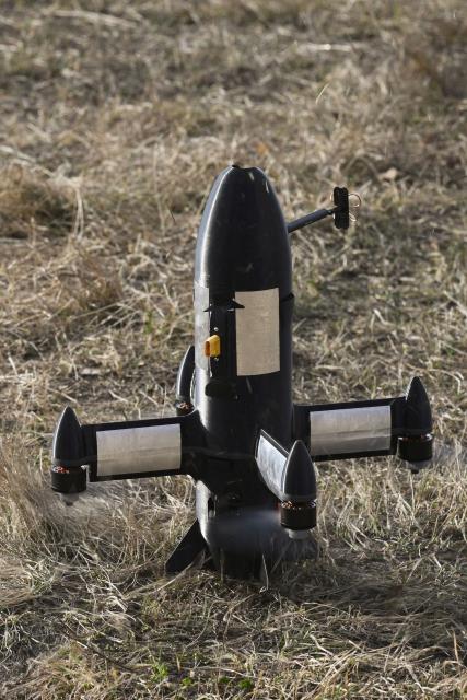 This photograph shows a P1-Sun interceptor drone takes off during a test flight at an undisclosed location in Ukraine on March 19, 2026, amid the Russian invasion of Ukraine. (Photo by Genya SAVILOV / AFP)