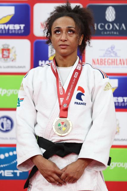 Bronze medallist France's Martha Fawaz poses during a ceremony for the women's under 57 kg event at the Tbilisi Grand Slam judo tournament in Tbilisi on March 20, 2026. (Photo by Giorgi ARJEVANIDZE / AFP)