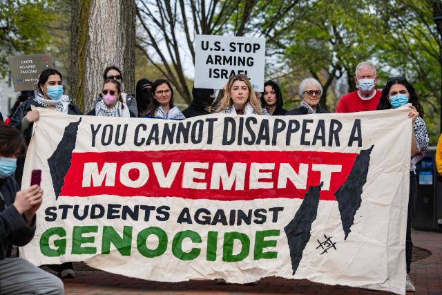 (FILES) Demonstrators gather on Cambridge Common to protest Harvard's stance on the war in Gaza and show support for the Palestinian people, outside Harvard University in Cambridge, Massachusetts, April 25, 2025. The Trump administration filed a lawsuit on March 20, 2026, against Harvard University, accusing the institution of allowing a "hostile environment" toward Jewish and Israeli students during pro-Palestinian demonstrations on campus from 2023 to 2025. President Donald Trump has launched an offensive against major American universities, accusing them of giving free rein on their campuses to pro-Palestinian movements in the face of the Israeli offensive in the Gaza Strip, action which he equates with antisemitism. (Photo by Joseph Prezioso / AFP)
