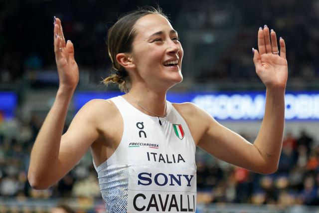 Italy's Ludovica Cavalli reacts after the women's 1500 metres heat 1 during the World Athletics Indoor Championships Kujawy Pomorze 2026 in Torun, Poland on March 20, 2026. (Photo by Wojtek RADWANSKI / AFP)