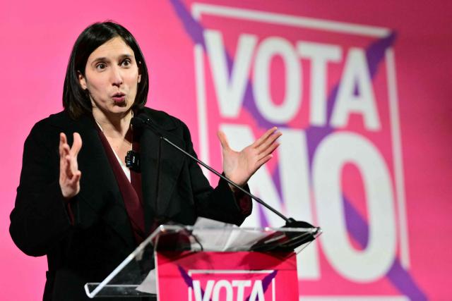 Elly Schlein, Secretary of Italian Democratic Party (PD), speaks during a campaign meeting for the "NO" ahead of the Italian referendum on Justice reform, in Milan on March 20, 2026. Italian citizens will vote on 22 and 23 March 2026, in a confirmatory referendum regarding a constitutional reform of the judicial system proposed by the government. The reform centers on the "separation of careers" between judges and public prosecutors. (Photo by Stefano RELLANDINI / AFP)