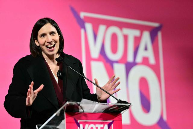 Elly Schlein, Secretary of Italian Democratic Party (PD), speaks during a campaign meeting for the "NO" ahead of the Italian referendum on Justice reform, in Milan on March 20, 2026. Italian citizens will vote on 22 and 23 March 2026, in a confirmatory referendum regarding a constitutional reform of the judicial system proposed by the government. The reform centers on the "separation of careers" between judges and public prosecutors. (Photo by Stefano RELLANDINI / AFP)