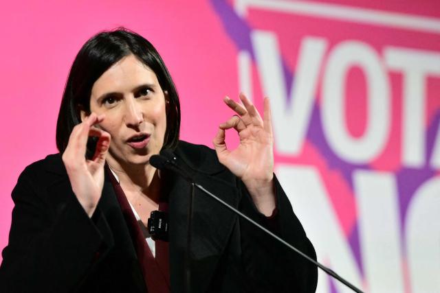 Elly Schlein, Secretary of Italian Democratic Party (PD), speaks during a campaign meeting for the "NO" ahead of the Italian referendum on Justice reform, in Milan on March 20, 2026. Italian citizens will vote on 22 and 23 March 2026, in a confirmatory referendum regarding a constitutional reform of the judicial system proposed by the government. The reform centers on the "separation of careers" between judges and public prosecutors. (Photo by Stefano RELLANDINI / AFP)