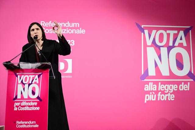 Elly Schlein, Secretary of Italian Democratic Party (PD), speaks during a campaign meeting for the "NO" ahead of the Italian referendum on Justice reform, in Milan on March 20, 2026. Italian citizens will vote on 22 and 23 March 2026, in a confirmatory referendum regarding a constitutional reform of the judicial system proposed by the government. The reform centers on the "separation of careers" between judges and public prosecutors. (Photo by Stefano Rellandini / AFP)