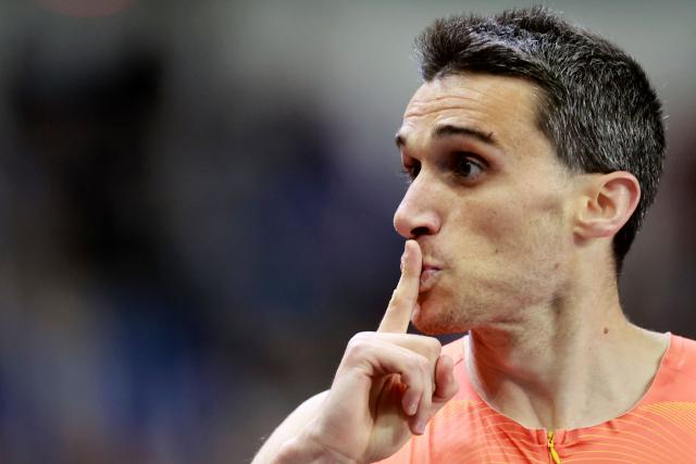 Spain's Mariano Garcia celebrates after the men's 1500 metres heat 3 during the World Athletics Indoor Championships Kujawy Pomorze 2026 in Torun, Poland on March 20, 2026. (Photo by Wojtek RADWANSKI / AFP)