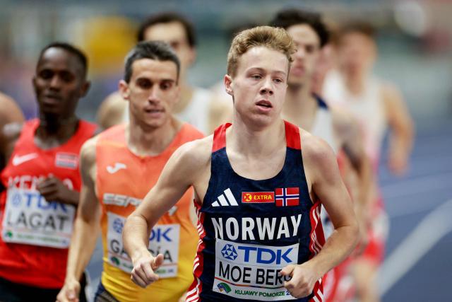 Norway's Hakon Moe Berg competes in the men's 1500 metres heat 3 during the World Athletics Indoor Championships Kujawy Pomorze 2026 in Torun, Poland on March 20, 2026. (Photo by Wojtek RADWANSKI / AFP)