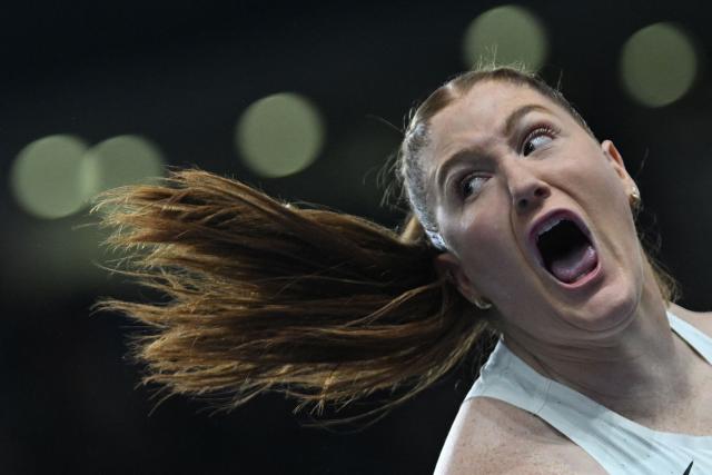 Canada's Sarah Mitton reacts as she competes in the women's final shot put event during the World Athletics Indoor Championships Kujawy Pomorze 2026 in Torun, Poland on March 20, 2026. (Photo by Kirill KUDRYAVTSEV / AFP)
