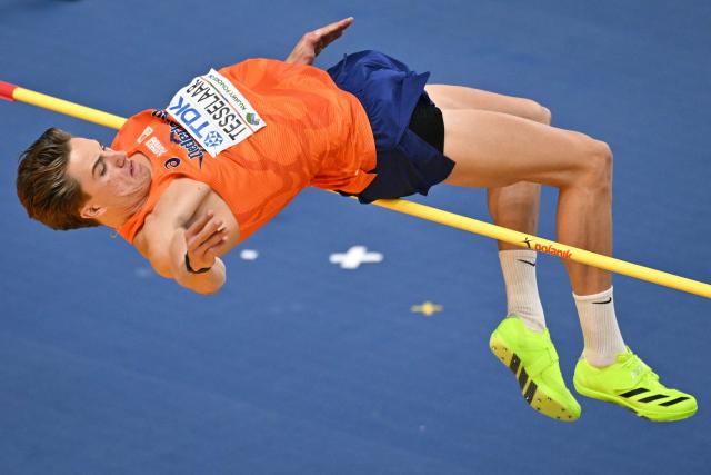 Netherlands' Jeff Tesselaar competes in the men's heptathlon high jump event during the World Athletics Indoor Championships Kujawy Pomorze 2026 in Torun, Poland on March 20, 2026. (Photo by Andrej ISAKOVIC / AFP)