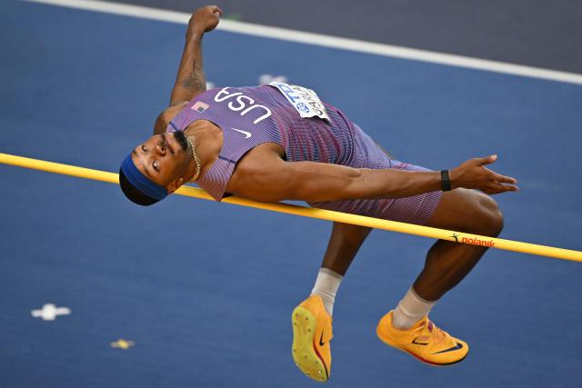 USA's Kyle Garland competes in the men's heptathlon high jump event during the World Athletics Indoor Championships Kujawy Pomorze 2026 in Torun, Poland on March 20, 2026. (Photo by Andrej ISAKOVIC / AFP)