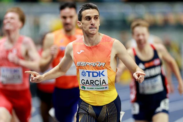 Spain's Mariano Garcia celebrates after the men's 1500 metres heat 3 during the World Athletics Indoor Championships Kujawy Pomorze 2026 in Torun, Poland on March 20, 2026. (Photo by Wojtek RADWANSKI / AFP)