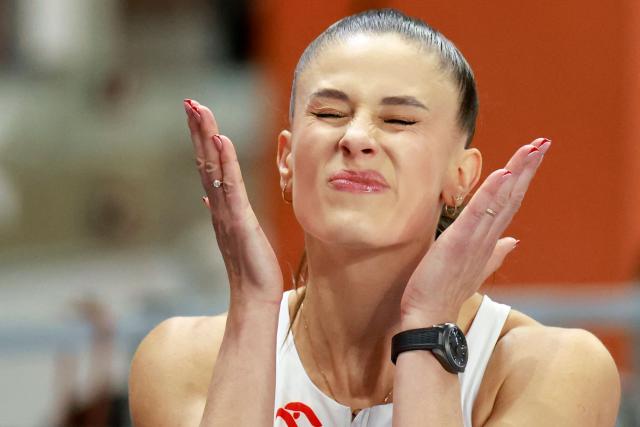 Poland's Natalia Bukowiecka reacts prior to the women's 400 metres semi-final heat 2 during the World Athletics Indoor Championships Kujawy Pomorze 2026 in Torun, Poland on March 20, 2026. (Photo by Wojtek RADWANSKI / AFP)