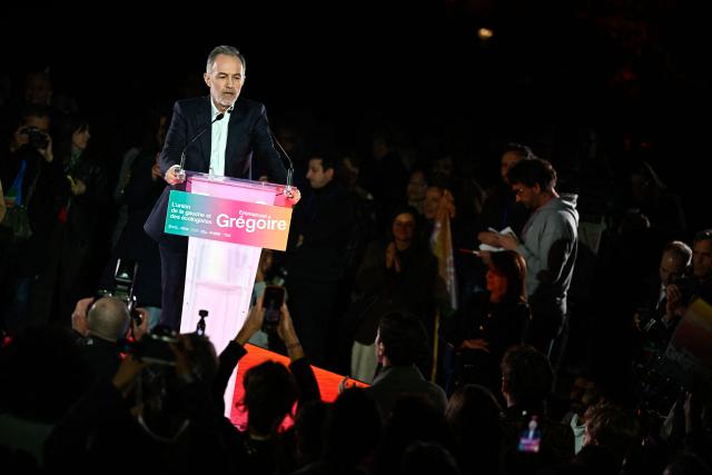 French Socialist Party (PS) Member of Parliament and left wing candidate for the Paris city hall Emmanuel Gregoire delivers a speech during a campaign rally ahead of the second round of France's 2026 municipal elections, at the Belleville Park in Paris on March 20, 2026. French voters head to the polls on March 22, 2026, for the second round of municipal elections. (Photo by JULIEN DE ROSA / AFP)