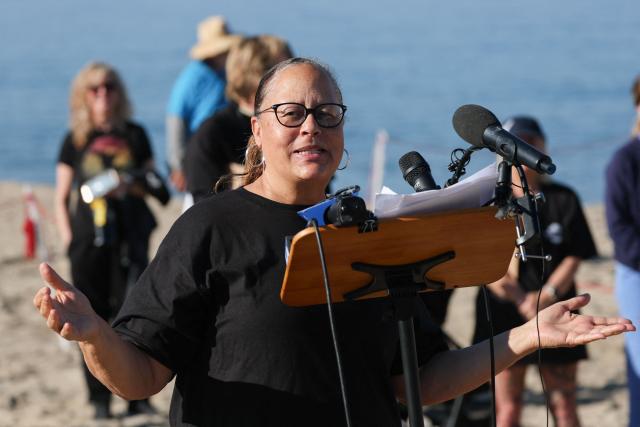 Democratic California State Senator Laura Richardson speaks before three rehabilitated sea lion pups are released into the Pacific Ocean by the Marine Mammal Care Center at the Redondo Pier in Redondo Beach, California on March 20, 2026. Laura Richardson announced legislation SB 1286 would establish the California sea lion as the official state pinniped. (Photo by Patrick T. Fallon / AFP)