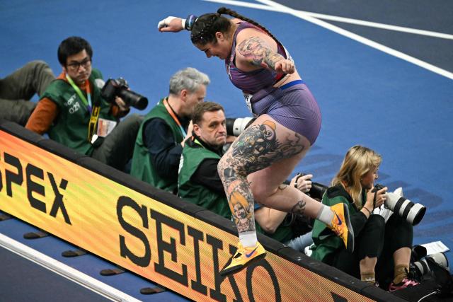 USA's Chase Jackson celebrates winning the women's final shot put event during the World Athletics Indoor Championships Kujawy Pomorze 2026 in Torun, Poland on March 20, 2026. (Photo by Andrej ISAKOVIC / AFP)