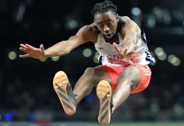 France's Jonathan Seremes competes in the men's final triple jump event during the World Athletics Indoor Championships Kujawy Pomorze 2026 in Torun, Poland on March 20, 2026. (Photo by Kirill KUDRYAVTSEV / AFP)