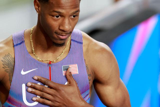 USA's Chris Robinson reacts after the men's 400 metres semi-final heat 1 during the World Athletics Indoor Championships Kujawy Pomorze 2026 in Torun, Poland on March 20, 2026. (Photo by Wojtek RADWANSKI / AFP)