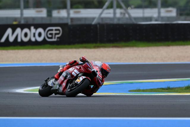 Ducati Lenovo's Spanish rider Marc Marquez competes during the MotoGP practice session of the Grand Prix of Brazil at the Ayrton Senna International racetrack in Goiania, state of Goias, Brazil, on March 20, 2026. (Photo by EVARISTO SA / AFP)