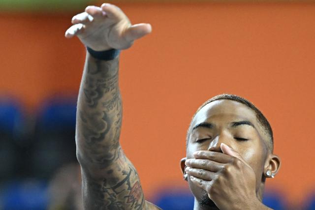 USA's Jordan Anthony celebrates after winning the men's final 60 metres event during the World Athletics Indoor Championships Kujawy Pomorze 2026 in Torun, Poland on March 20, 2026. (Photo by Kirill KUDRYAVTSEV / AFP)