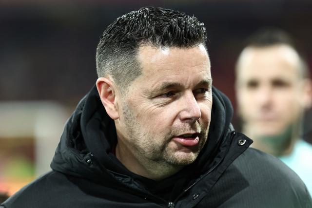Lens' French head coach Pierre Sage looks on ahead of the French L1 football match between RC Lens and SCO Angers at the Stade Bollaert-Delelis in Lens, northern France, on March 20, 2026. (Photo by Sameer Al-DOUMY / AFP)