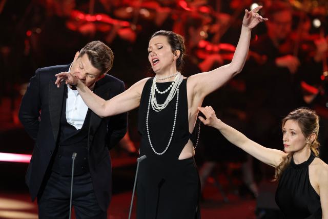 TOPSHOT - (From L) French tenor Stanislas de Barbeyrac, French soprano Julie Fuchs and French soprano Sabine Devieilhe sing during the Victoires de la Musique Classique 2026 music awards ceremony at Le Quartz theatre in Brest March 20, 2026. (Photo by FRED TANNEAU / AFP)
