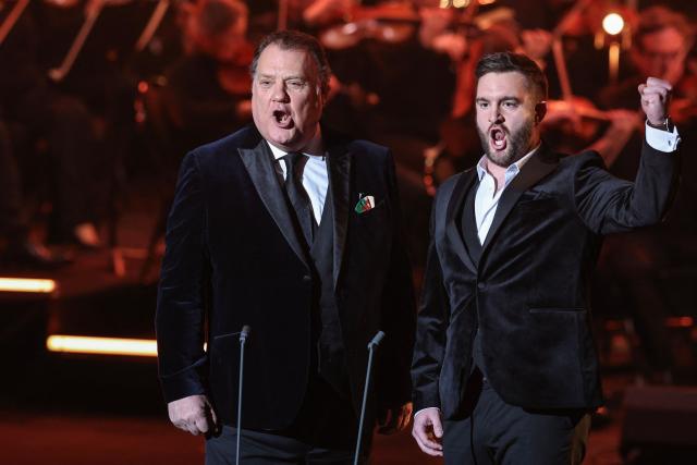 Welsh bass-baritone Bryn Terfel (L) and Welsh baritone Steffan Lloyd Owen sing during the Victoires de la Musique Classique 2026 music awards ceremony at Le Quartz theatre in Brest March 20, 2026. (Photo by FRED TANNEAU / AFP)