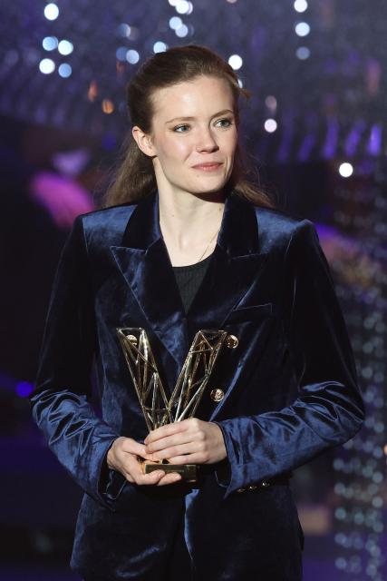 TOPSHOT - French percussionist Adelaide Ferriere reacts after receiving the Instrumental Soloist of the Year award during the Victoires de la Musique Classique 2026 music awards ceremony at Le Quartz theatre in Brest March 20, 2026. (Photo by FRED TANNEAU / AFP)
