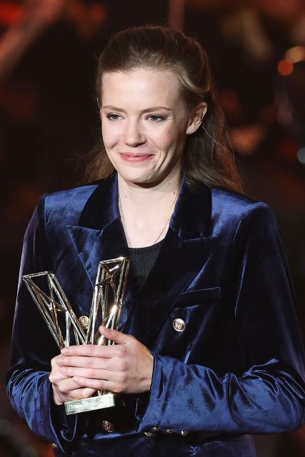 French percussionist Adelaide Ferriere reacts after receiving the Instrumental Soloist of the Year award during the Victoires de la Musique Classique 2026 music awards ceremony at Le Quartz theatre in Brest March 20, 2026. (Photo by FRED TANNEAU / AFP)
