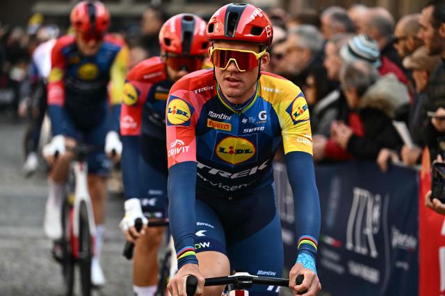 Lidl-Trek's Danish rider Mads Pedersen is pictured before the Milan - Sanremo one-day classic cycling race, in Pavia, on March 21, 2026. (Photo by Marco BERTORELLO / AFP)