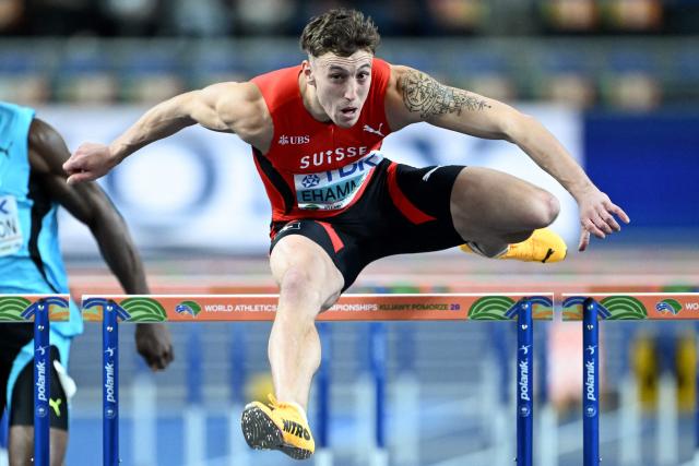 Switzerland's Simon Ehammer competes to finish first in the men's heptathlon 60 metres hurdles heat 2 during the World Athletics Indoor Championships Kujawy Pomorze 2026 in Torun, Poland on March 21, 2026. (Photo by Kirill KUDRYAVTSEV / AFP)