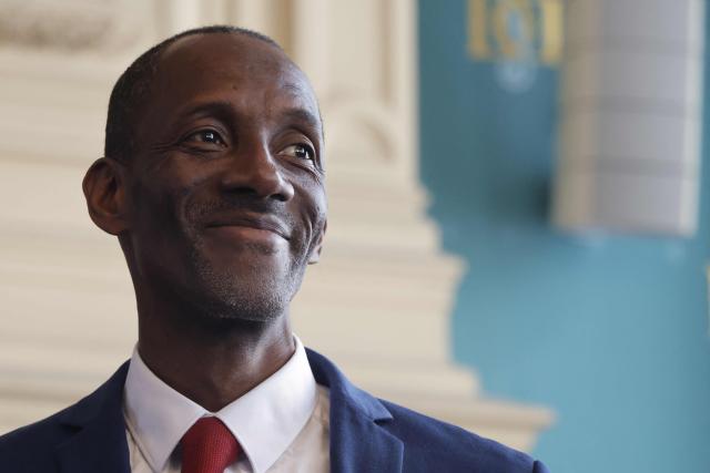 Saint-Denis' mayor Bally Bagayoko takes part in the handover ceremony ahead of the first session of the newly-elected city council in Saint-Denis, suburb of Paris on March 21, 2026. (Photo by Ludovic MARIN / AFP)