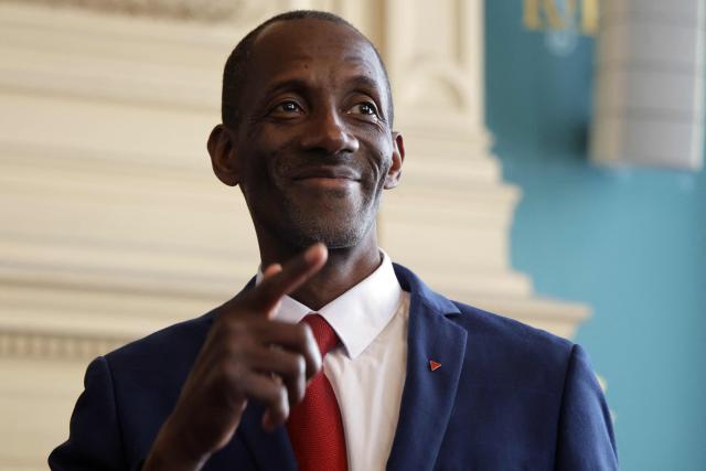 Saint-Denis' mayor Bally Bagayoko takes part in the handover ceremony ahead of the first session of the newly-elected city council in Saint-Denis, suburb of Paris on March 21, 2026. (Photo by Ludovic MARIN / AFP)