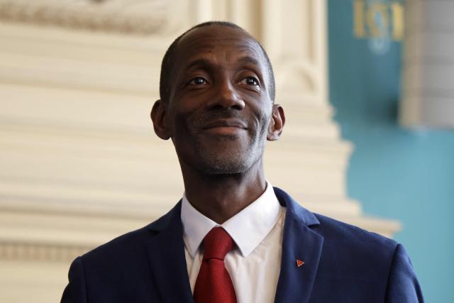 Saint-Denis' mayor Bally Bagayoko takes part in the handover ceremony ahead of the first session of the newly-elected city council in Saint-Denis, suburb of Paris on March 21, 2026. (Photo by Ludovic MARIN / AFP)