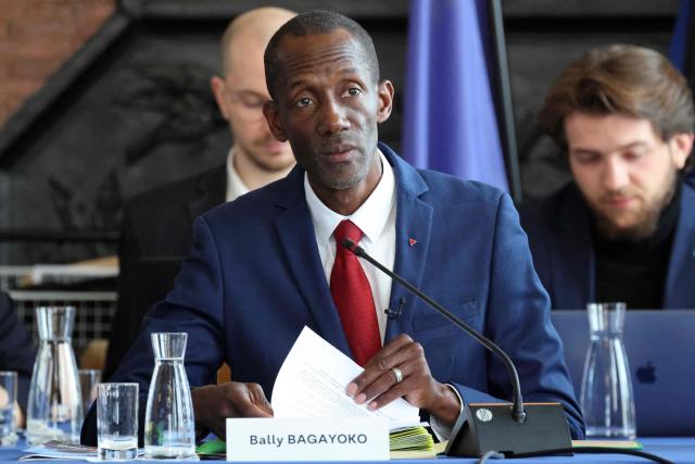 Saint-Denis' mayor Bally Bagayoko chairs the first session of the newly-elected city council in Saint-Denis, suburb of Paris on March 21, 2026. (Photo by Ludovic MARIN / AFP)