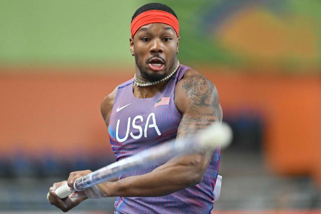USA's Kyle Garland competes in the men's heptathlon pole vault event during the World Athletics Indoor Championships Kujawy Pomorze 2026 in Torun, Poland on March 21, 2026. (Photo by Andrej ISAKOVIC / AFP)