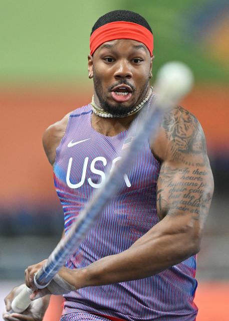 USA's Kyle Garland competes in the men's heptathlon pole vault event during the World Athletics Indoor Championships Kujawy Pomorze 2026 in Torun, Poland on March 21, 2026. (Photo by Andrej ISAKOVIC / AFP)
