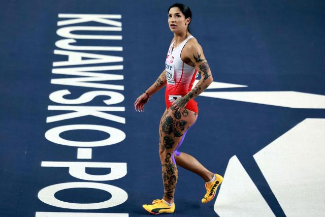 Poland's Ewa Swoboda reacts after competing in the women's 60 metres heat 7 during the World Athletics Indoor Championships Kujawy Pomorze 2026 in Torun, Poland on March 21, 2026. (Photo by Wojtek RADWANSKI / AFP)