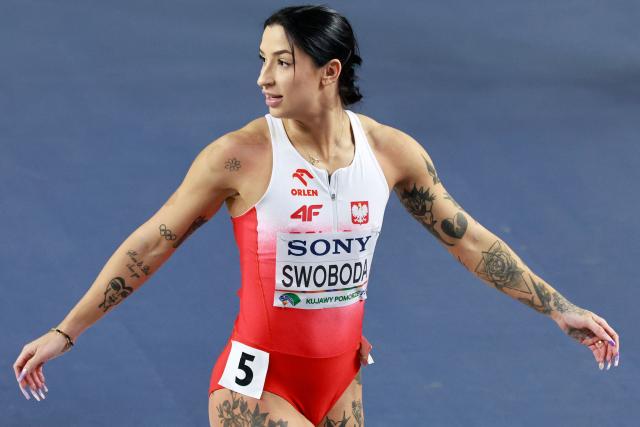Poland's Ewa Swoboda reacts after competing in the women's 60 metres heat 7 during the World Athletics Indoor Championships Kujawy Pomorze 2026 in Torun, Poland on March 21, 2026. (Photo by Wojtek RADWANSKI / AFP)