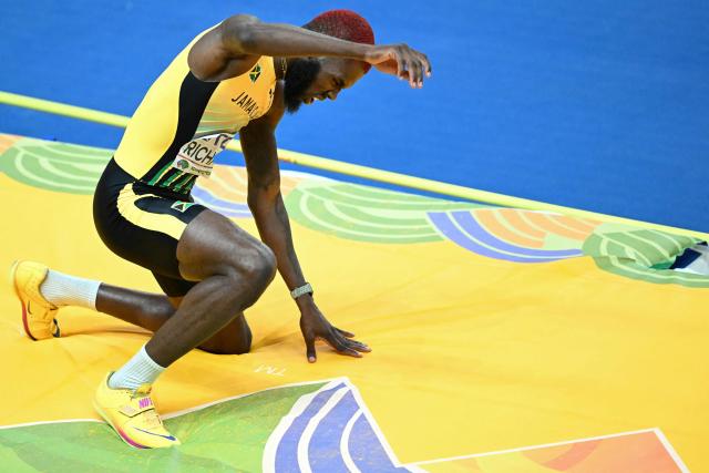 Jamaica's Raymond Richards reacts after his jump in the Men's High Jump final during the World Athletics Indoor Championships Kujawy Pomorze 2026 in Torun, Poland on March 21, 2026. (Photo by Kirill KUDRYAVTSEV / AFP)
