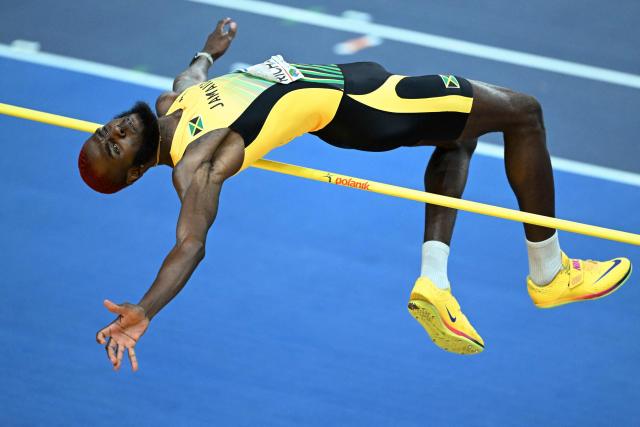 Jamaica's Raymond Richards clears the bar in the Men's High Jump final during the World Athletics Indoor Championships Kujawy Pomorze 2026 in Torun, Poland on March 21, 2026. (Photo by Kirill KUDRYAVTSEV / AFP)