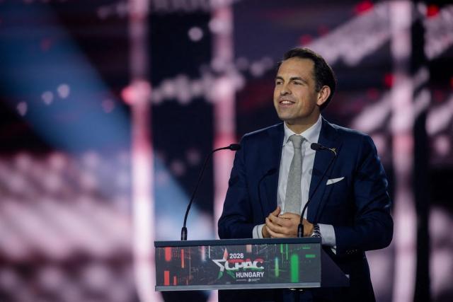Belgian politician, leader of Vlaams Belang party Tom van Grieken is seen during the Conservative Political Action Conference (CPAC) at a sports and cultural centre in Budapest, Hungary, on March 21, 2026. (Photo by Gergely BESENYEI / AFP)