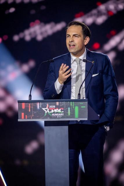 Belgian politician, leader of Vlaams Belang party Tom van Grieken is seen during the Conservative Political Action Conference (CPAC) at a sports and cultural centre in Budapest, Hungary, on March 21, 2026. (Photo by Gergely BESENYEI / AFP)