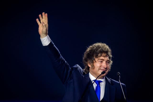 Argentina's President Javier Milei reacts on stage during the Conservative Political Action Conference (CPAC), at a sports and cultural centre in Budapest, Hungary, on March 21, 2026. (Photo by Gergely BESENYEI / AFP)