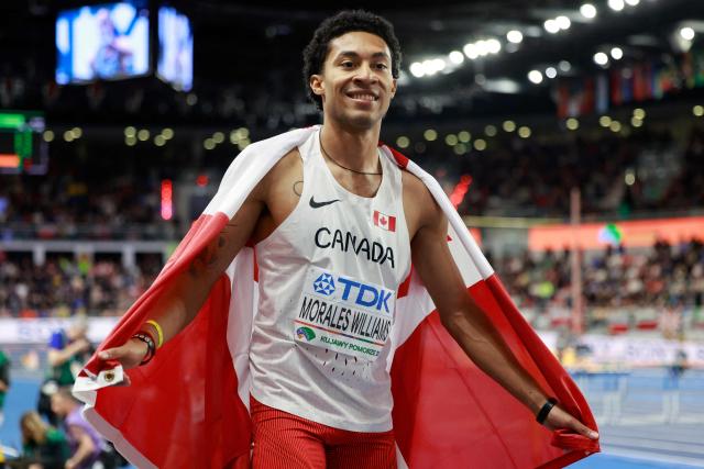 Canada's Christopher Morales Williams celebrates winning the men's heptathlon 1000m final 2 during the World Athletics Indoor Championships Kujawy Pomorze 2026 in Torun, Poland on March 21, 2026. (Photo by Wojtek RADWANSKI / AFP)