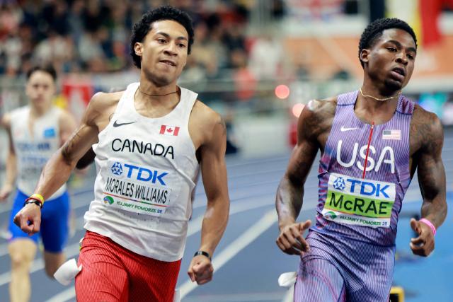 Canada's Christopher Morales Williams (L) beats USA's Khaleb McRae in the men's heptathlon 1000m final 2 during the World Athletics Indoor Championships Kujawy Pomorze 2026 in Torun, Poland on March 21, 2026. (Photo by Wojtek RADWANSKI / AFP)